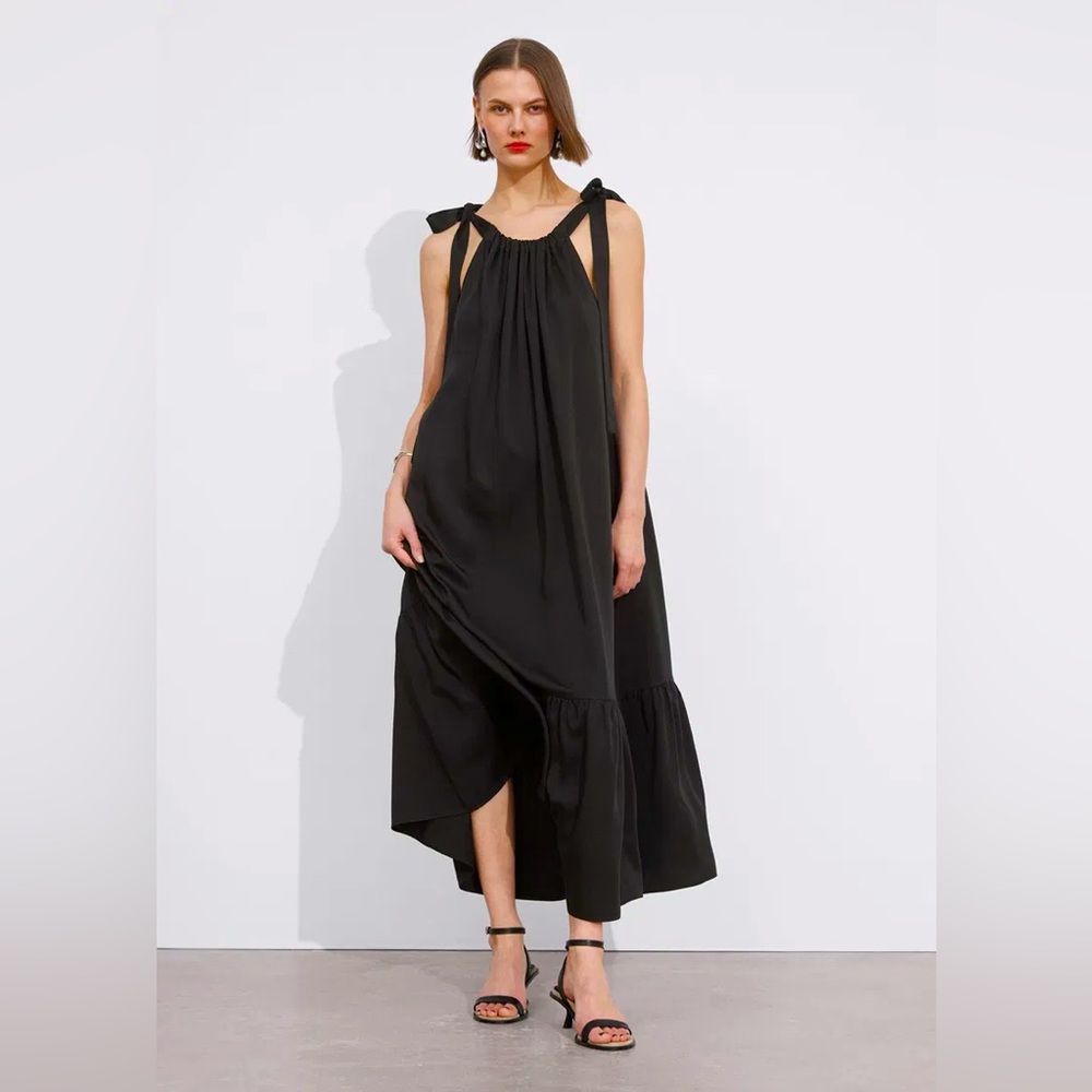 & Other Stories Black Gathered Sleeveless Midi Dress Size 8 NWT